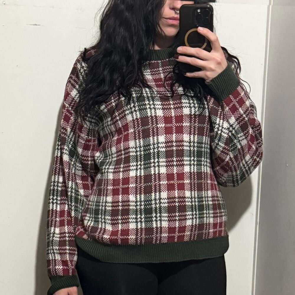 Vintage Scottish Sweater Oversized Plaid Cotton Knit Ribbed Cuffs Grandpacore